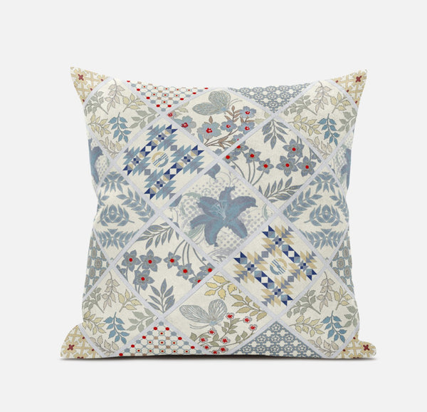 16? White Blue Patch Suede Zippered Throw Pillow