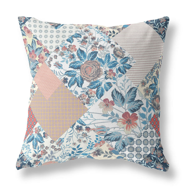 26" White Blue Floral Indoor Outdoor Throw Pillow