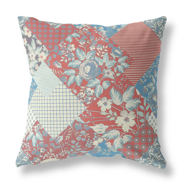 20" Red Blue Boho Floral Indoor Outdoor Throw Pillow