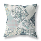 16" Teal White Boho Floral Indoor Outdoor Throw Pillow
