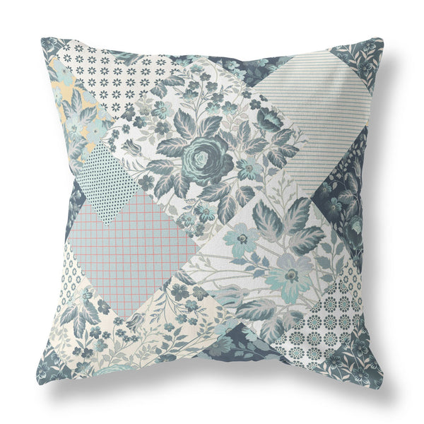 28" Teal White Boho Floral Indoor Outdoor Throw Pillow