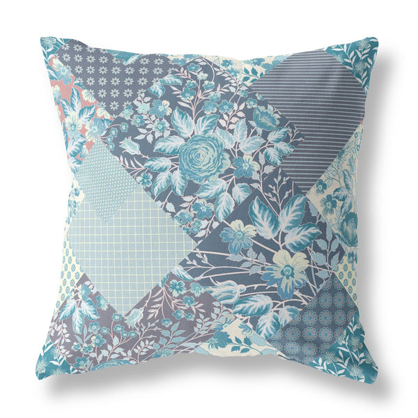 28" Aqua Navy Boho Floral Indoor Outdoor Throw Pillow