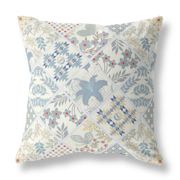 18â White Blue Patch Indoor Outdoor Throw Pillow
