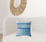 18” Blue White Patch Zippered Suede Throw Pillow