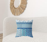 18” Blue White Patch Zippered Suede Throw Pillow