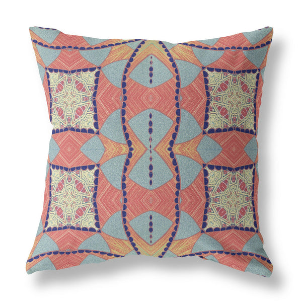 20"x20" Coral And Blue Zippered Broadcloth Geometric Throw Pillow