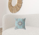 16? Aqua Blue Floral Geo Zippered Suede Throw Pillow