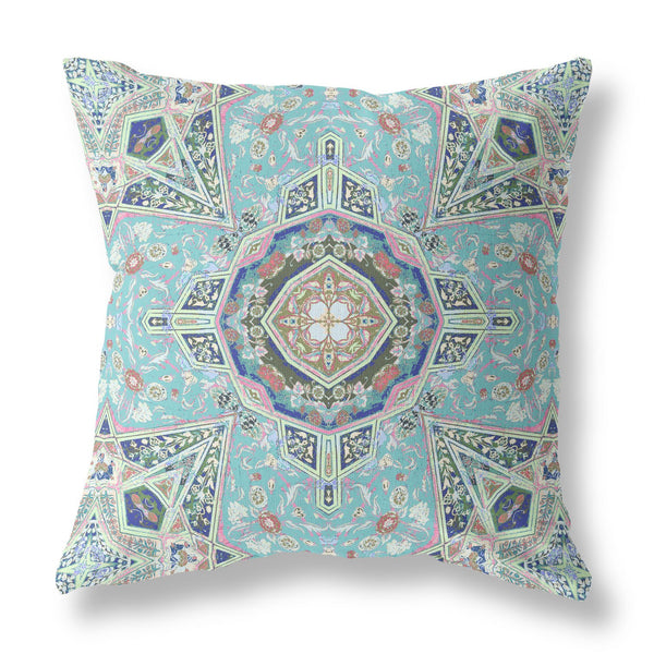 18? Aqua Blue Floral Geo Zippered Suede Throw Pillow