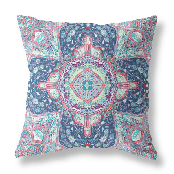 16? Blue Pink Floral Geo Indoor Outdoor Throw Pillow