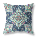 16? Aqua Blue Boho Pattern Indoor Outdoor Throw Pillow