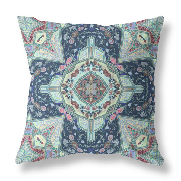 16? Aqua Blue Boho Pattern Indoor Outdoor Throw Pillow
