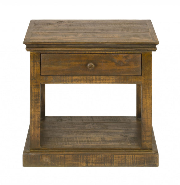 Rustic Maple Stain Wood Side Table with Drawer