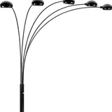 84" Black Five Light Arc Floor Lamp With Black Dome Shade