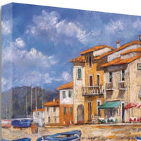 24" Boats Docked Near Cafes Bright Sunny Day Giclee Wrap Canvas Wall Art