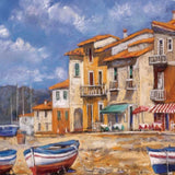 34" Boats Docked Near Cafes Bright Sunny Day Giclee Wrap Canvas Wall Art