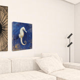 18" Rustic Deep Blue and Gold Seahorse Giclee Wrap Canvas Wall Art