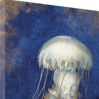 18"  Rustic Deep Blue and Gold Jelly Fish Giclee Wrap Canvas Wall Art