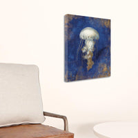 18"  Rustic Deep Blue and Gold Jelly Fish Giclee Wrap Canvas Wall Art