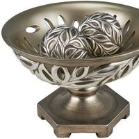 13" Brushed Silver Leaf Polyresin Decorative Pedestal Bowl with Orbs