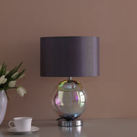 19" Iridescent Glass Globe Table Lamp With Gray Classic Drum Shade