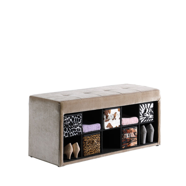 Beige Velour Storage Bench with Exotic Animal Print Baskets