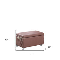 Brown Weave Faux Leather Rolling Storage Ottoman with Pockets