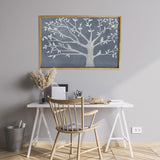 Pretty Gray and White Birds in Tree Framed Canvas Wall Art