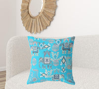 18" X 18" Bright Blue And Gray Broadcloth Floral Throw Pillow