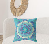 18" X 18" Blue And Purple Broadcloth Floral Throw Pillow