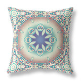 16" X 16" Beige And Blue Broadcloth Floral Throw Pillow