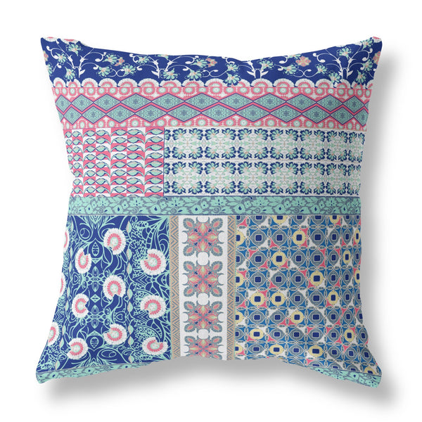 18? Blue Pink Patch Indoor Outdoor Throw Pillow