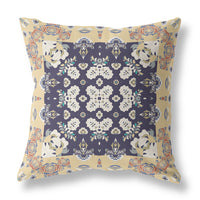 18" X 18" Yellow And Navy Broadcloth Floral Throw Pillow