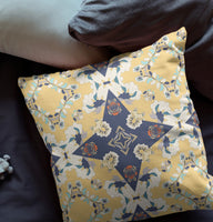 18" X 18" Yellow And Blue Broadcloth Floral Throw Pillow