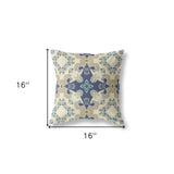 16" X 16" Cream And Blue Broadcloth Floral Throw Pillow