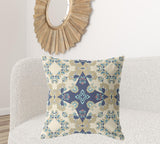 18" X 18" Cream And Blue Broadcloth Floral Throw Pillow