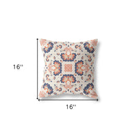 16" X 16" Off White And Blue Broadcloth Floral Throw Pillow
