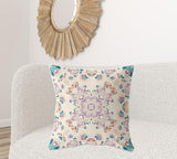 18" X 18" Off White And Purple Broadcloth Floral Throw Pillow