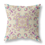 16" X 16" Off White And Purple Broadcloth Floral Throw Pillow