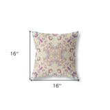 16" X 16" Off White And Purple Broadcloth Floral Throw Pillow