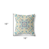 16" X 16" Off White And Light Blue Broadcloth Floral Throw Pillow