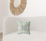 16" X 16" Off White And Light Blue Broadcloth Floral Throw Pillow