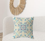 18" X 18" Off White And Light Blue Broadcloth Floral Throw Pillow