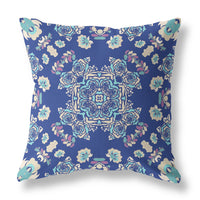 16" X 16" Blue And Off White Broadcloth Floral Throw Pillow