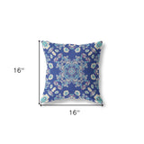 16" X 16" Blue And Off White Broadcloth Floral Throw Pillow