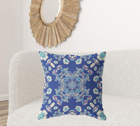 18" X 18" Blue And Off White Broadcloth Floral Throw Pillow