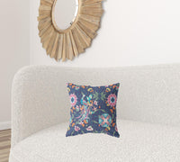 16" X 16" Floral Blue And Pink Broadcloth Floral Throw Pillow