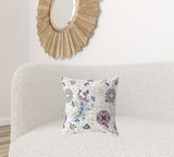 18" X 18" White And Purple Broadcloth Floral Throw Pillow