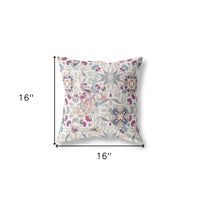 16" X 16" Off White And Pink Broadcloth Floral Throw Pillow