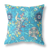 18" X 18" Blue And Turquoise Broadcloth Floral Throw Pillow