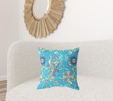 18" X 18" Blue And Turquoise Broadcloth Floral Throw Pillow